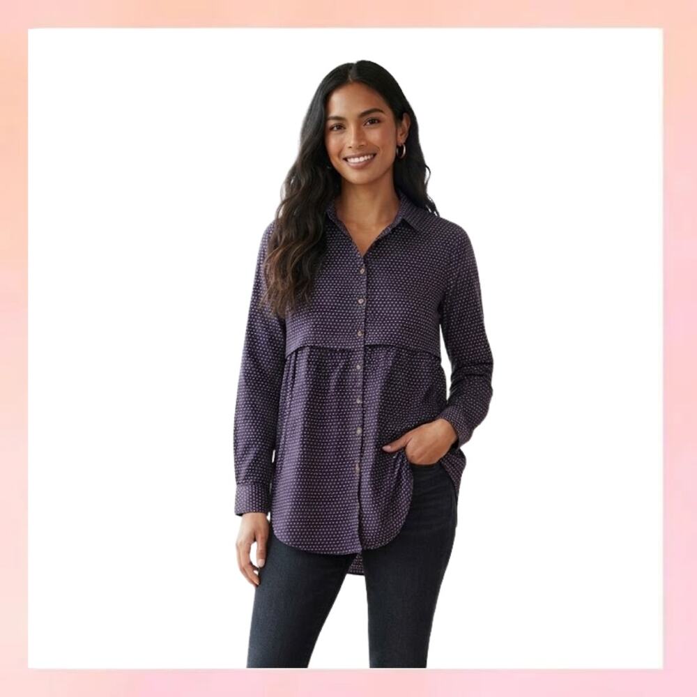 Maeve Anthropologie Navy Blue Micro Dot Button Down Peplum Tunic Shirt Small